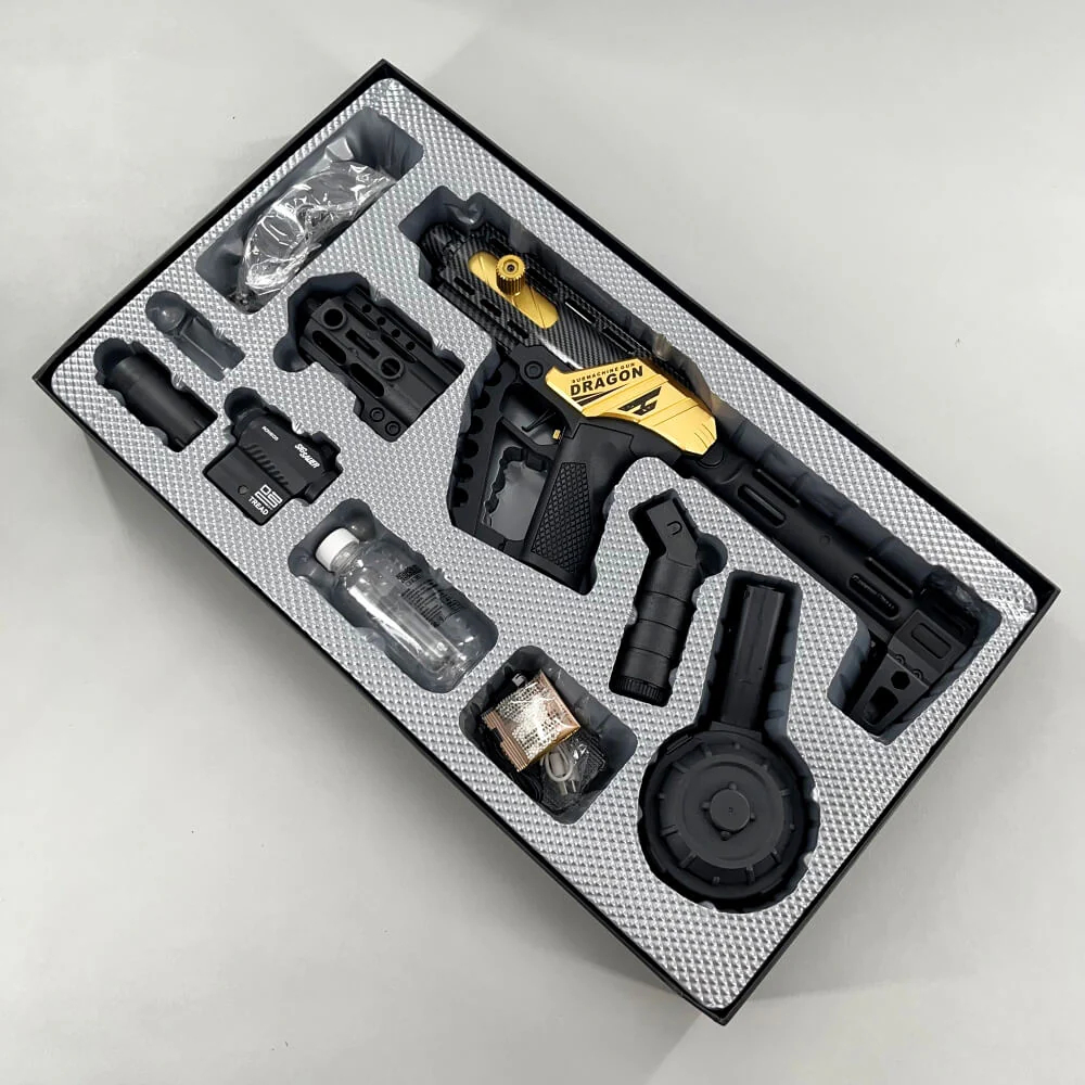 Carbon Fiber Gold Dragon MK17 Gel Blaster Equipped With A Multicolor Illuminated Suppressor