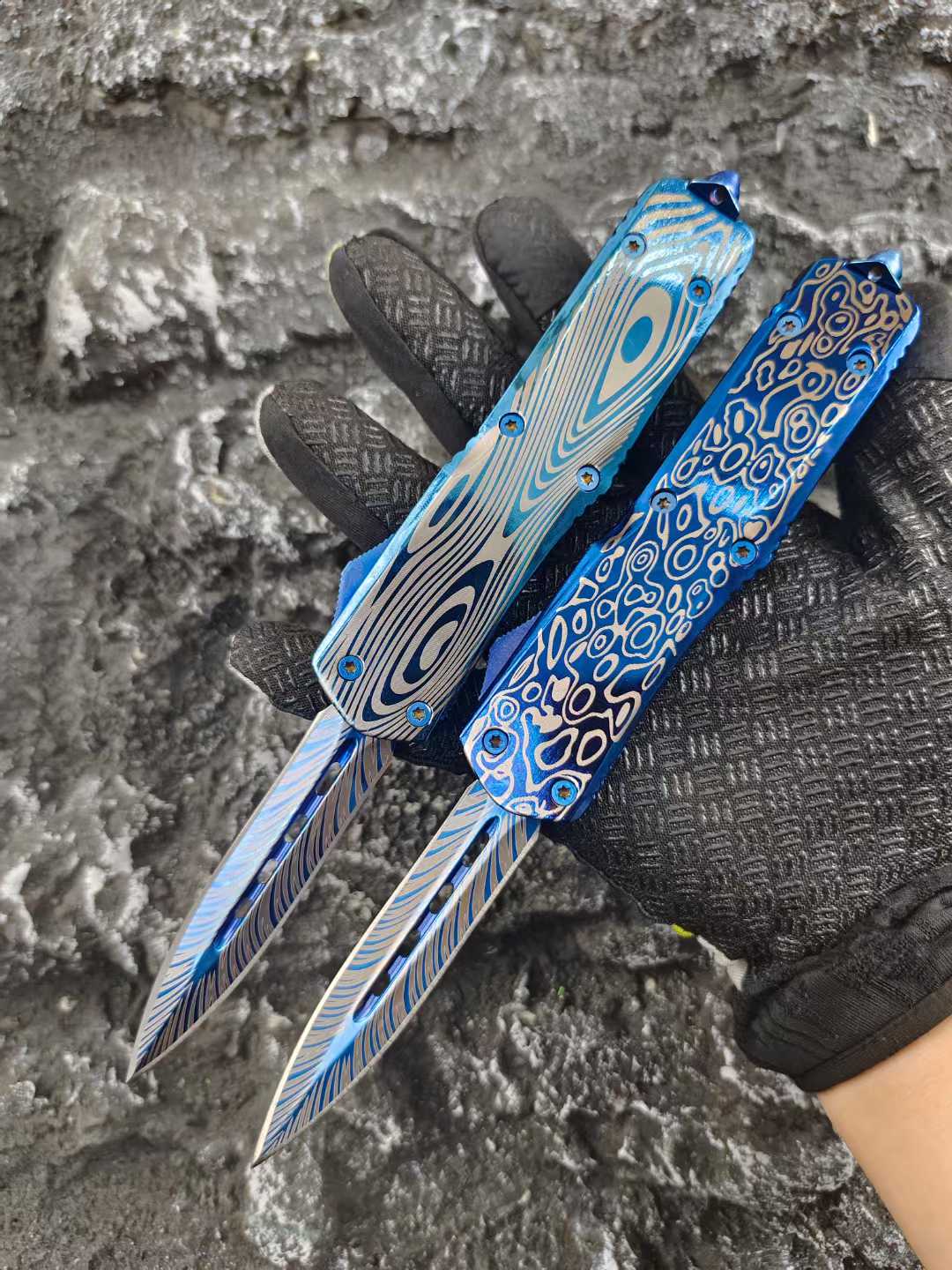 Blue Titanium Shark Tooth Dragon Straight Jump Knife