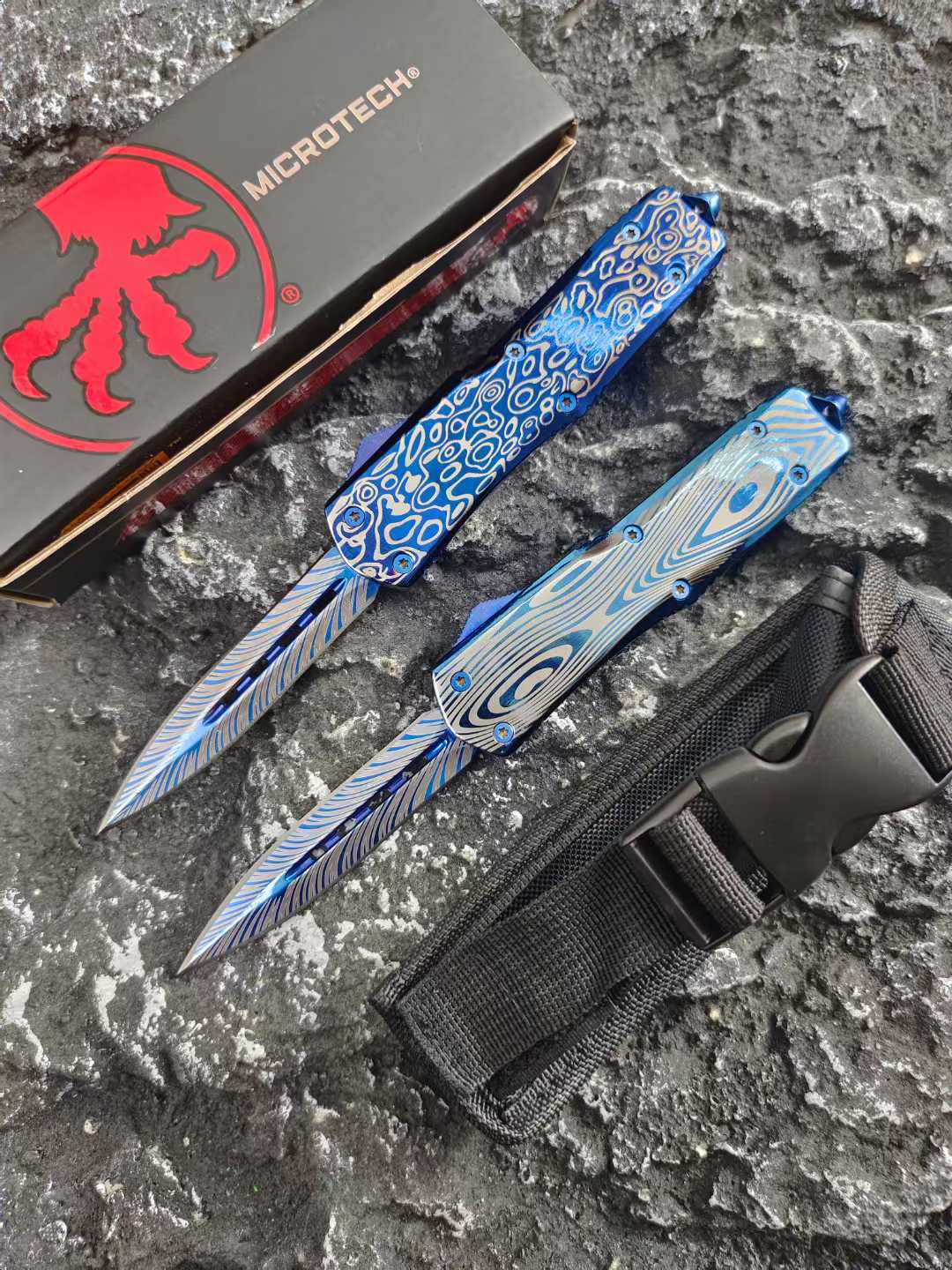 Blue Titanium Shark Tooth Dragon Straight Jump Knife