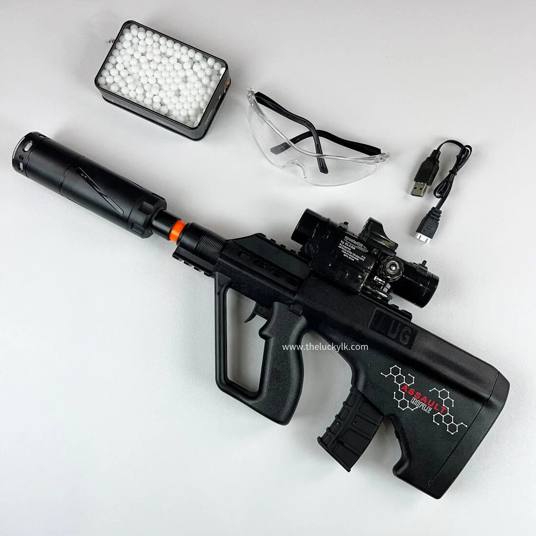 Mini Aug Gel Blaster With 7 Colors of Lighted Silencer Recommended Age Range: 10-15 Years