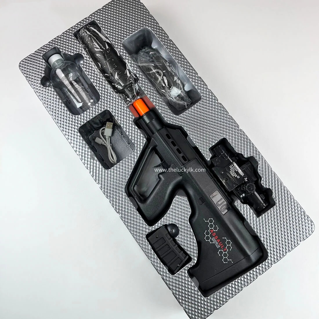 Mini Aug Gel Blaster With 7 Colors of Lighted Silencer Recommended Age Range: 10-15 Years