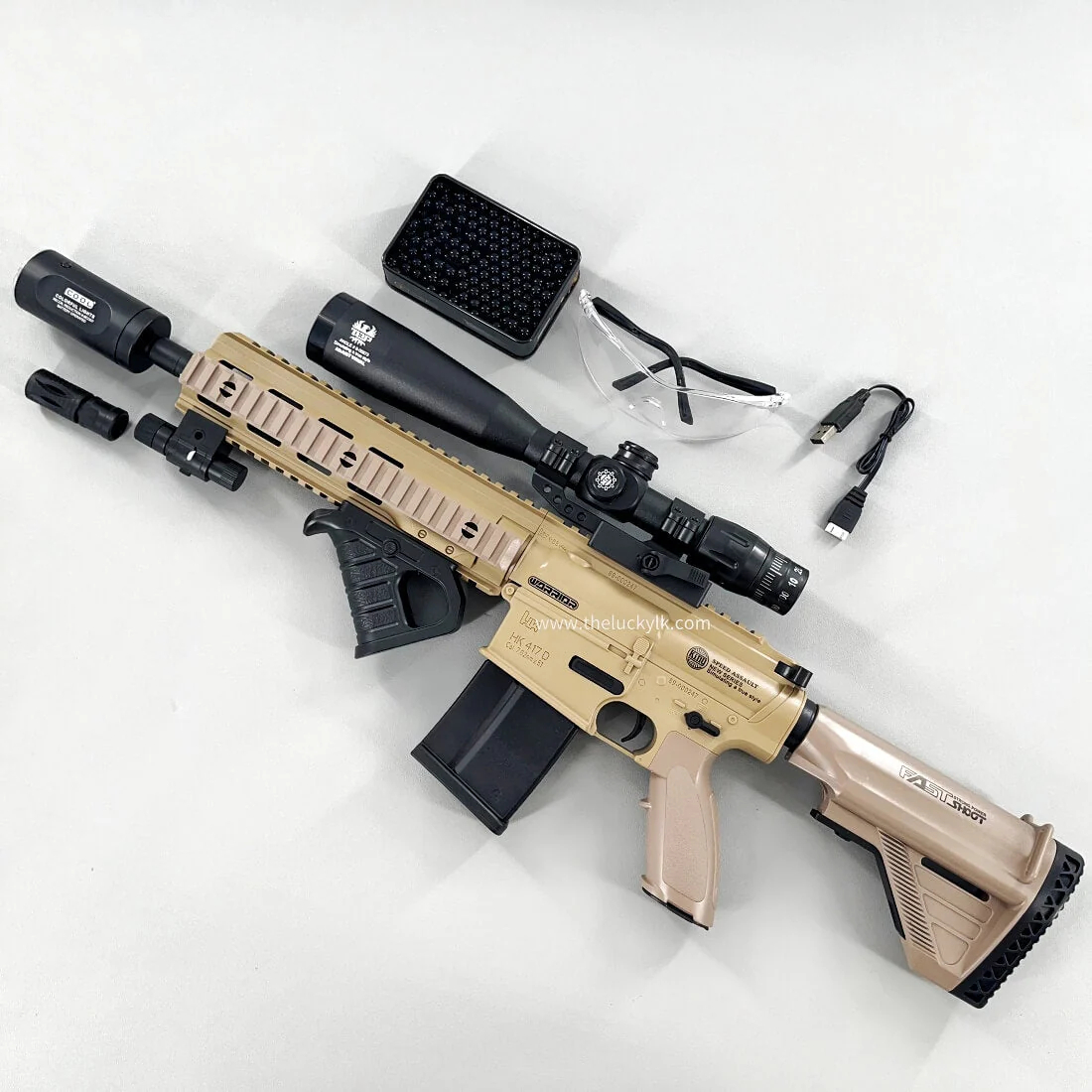 Exquisite Engraving HK417 Gel Blaster High Rate of Fire  Smooth Shooting With 7 Colors of Lighted Silencer